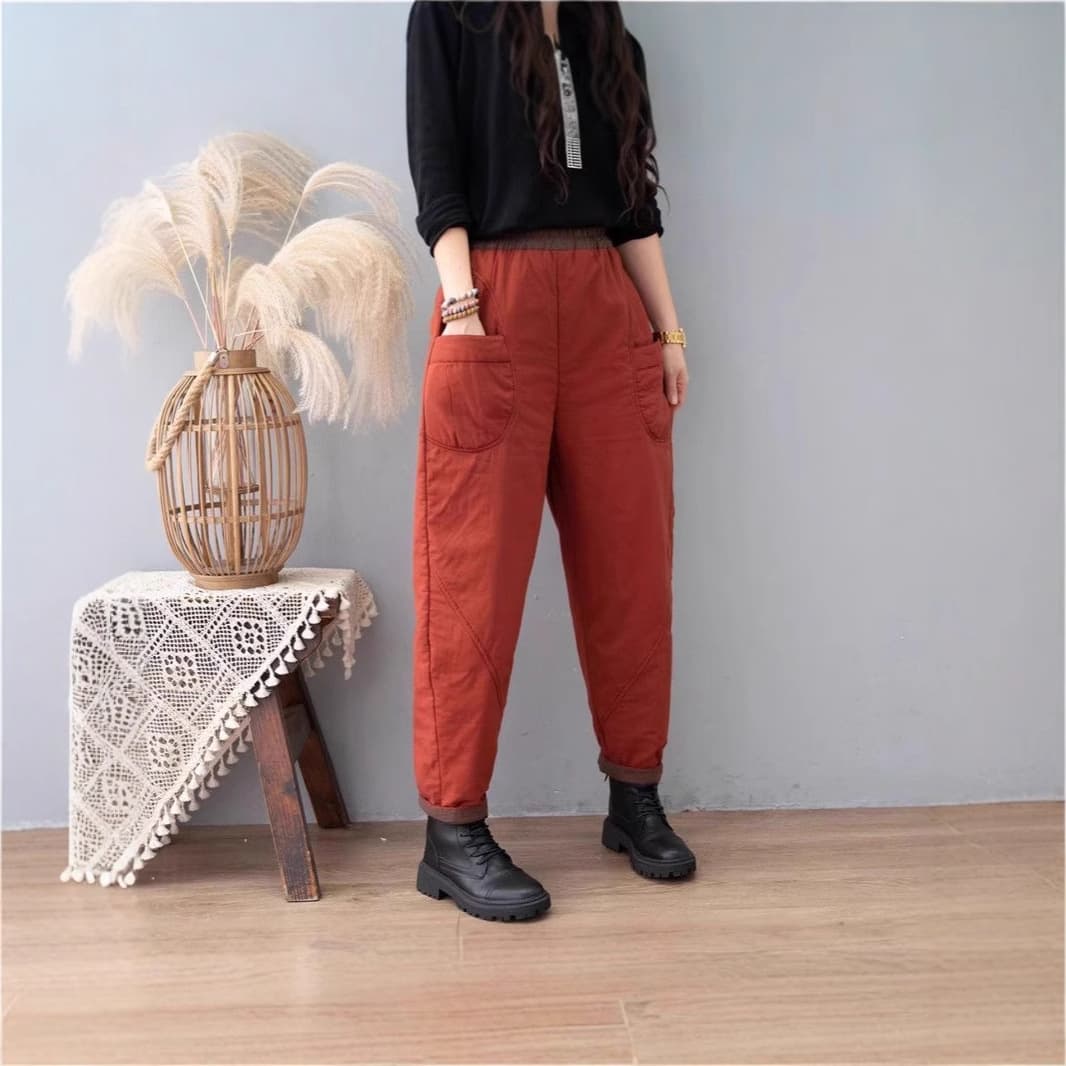 Vintage Contrast Cotton Hallen Pants Women's Winter Commuter Simple cotton and thickening Mom Casual Explosive Outer Wearing Cotton Pants