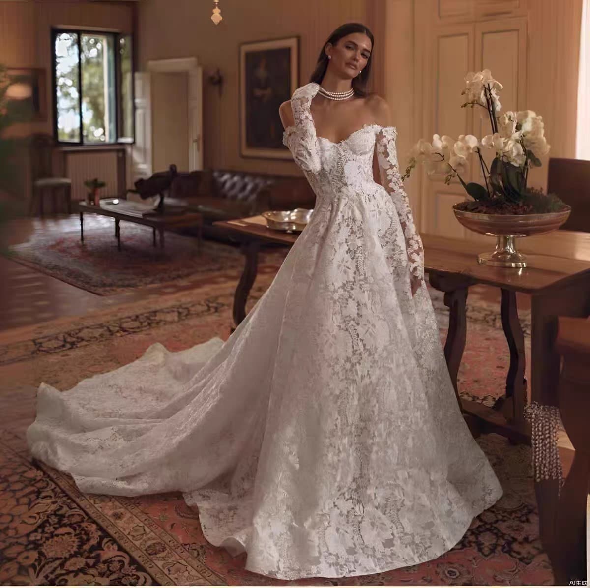 New Cross-Border Lace Flower One-Shoulder Light Wedding Dress Bride Strapless Long Sleeve Slimming Wedding Gown Factory Direct Drop Shipping