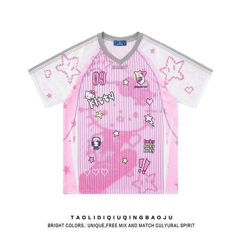 Pink Cartoon Blue Cartoon Cat Print V-Neck Short-Sleeved T-Shirt for Women Summer Jersey Style Loose Casual Trendy Brand Top