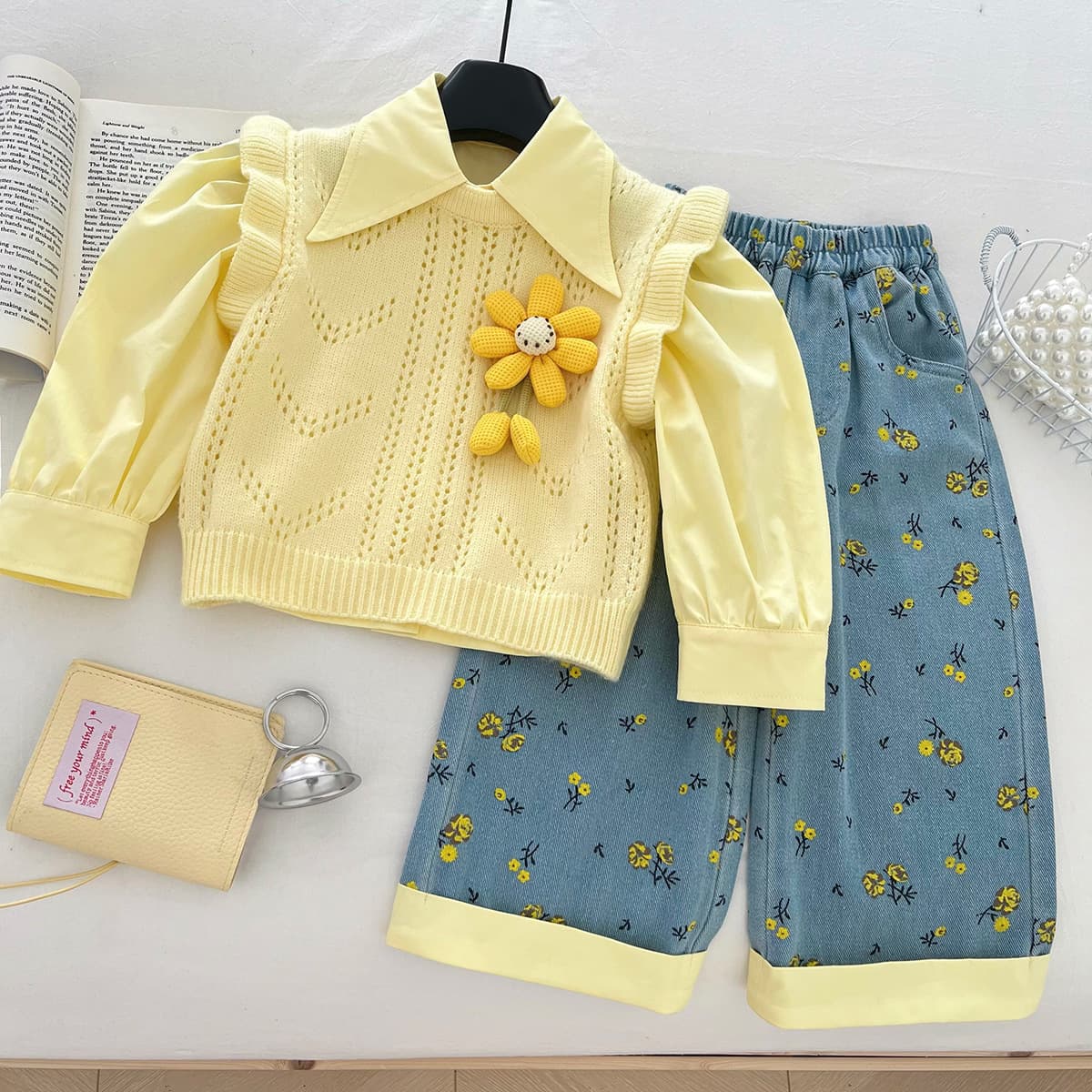 2026 New Girls Autumn Suit Western Style Knitted Vest Shirt Baby Jeans Three-piece Children's Suit
