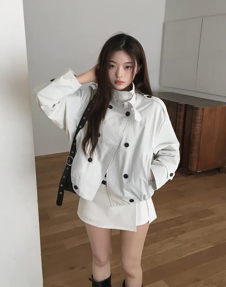 Korean Ins Early Fall New Arrival Korean-Style Minimalist Double-Breasted Stand-Collar Jacket for Women, Short Loose Versatile Top