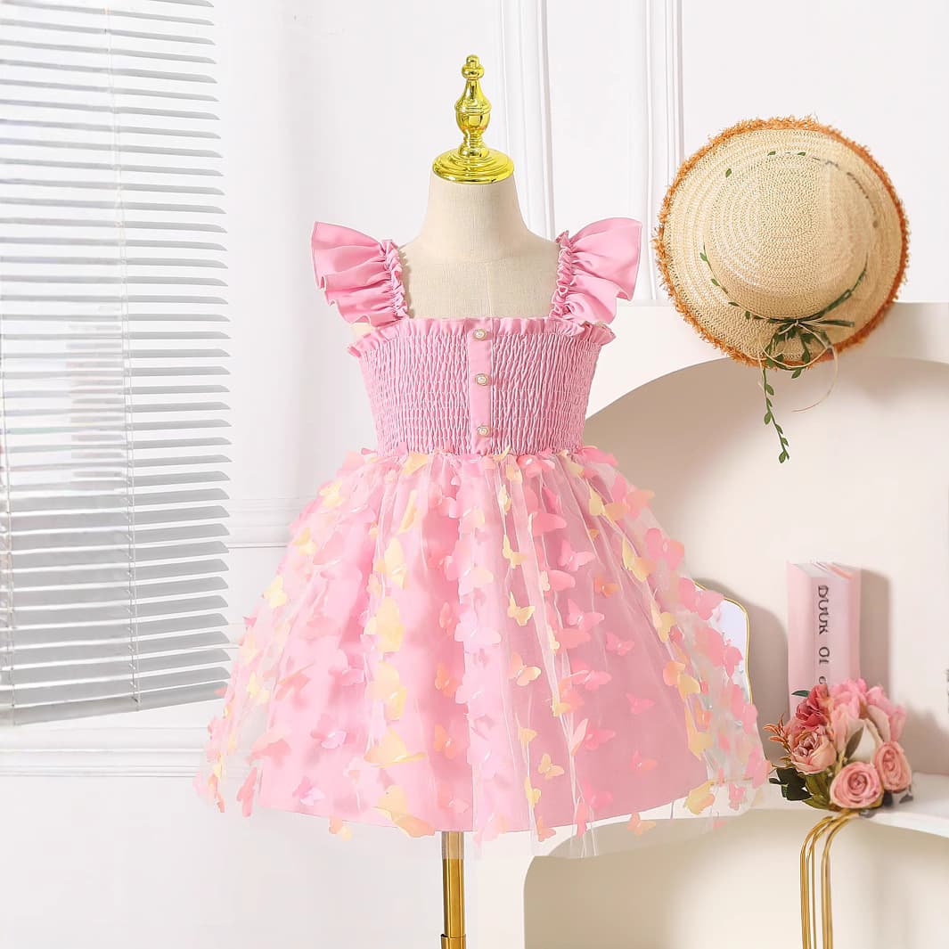 Summer Young Girls Flutter-Sleeve Dress with Butterfly-Shaped Mesh and Button Decoration, Fashionable Dress