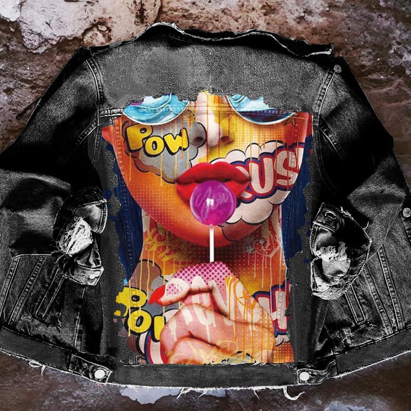 1492 Lollipop Graffiti Illustration Denim Jacket Women's European and American Trend Cross-Border Trade Denim Coat