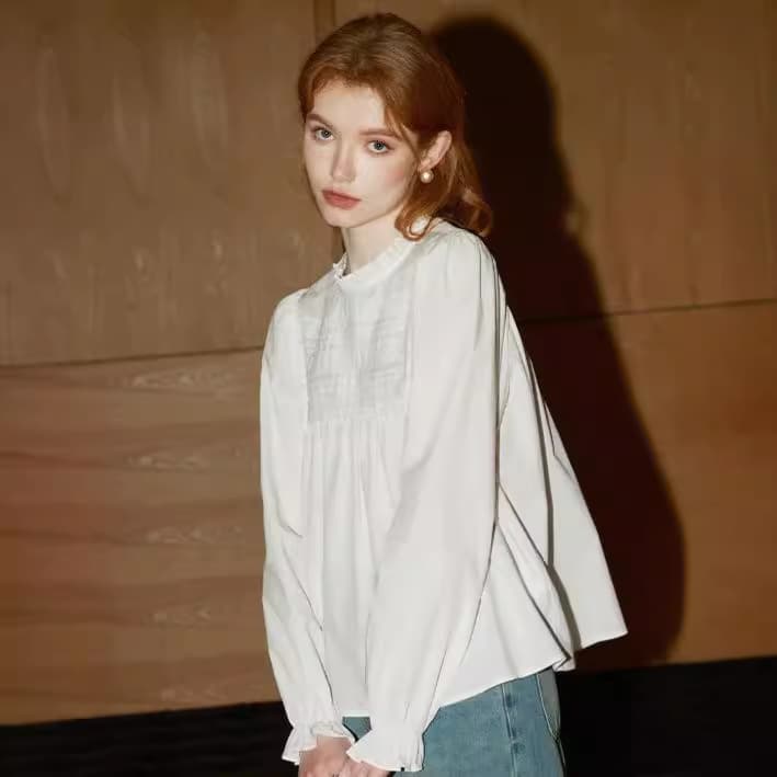 Kuhn's sweet long-sleeved white shirt women's 2026 spring new fungus top