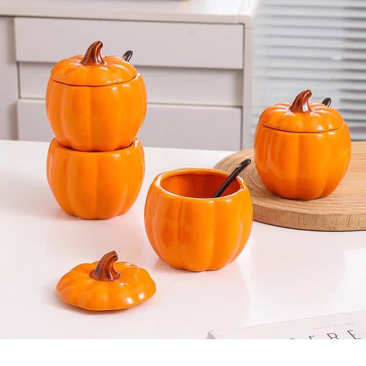 Pumpkin Ceramic Seasoning Jar for Home Kitchen Spice Container Salt Shaker Stewing Pot for Double-Boiled Soup and Steamed Egg Bowl