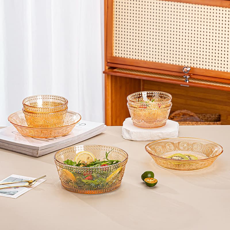 Retro sunflower embossed glass bowls and plates home tableware fruit salad bowl set promotional event gifts wholesale