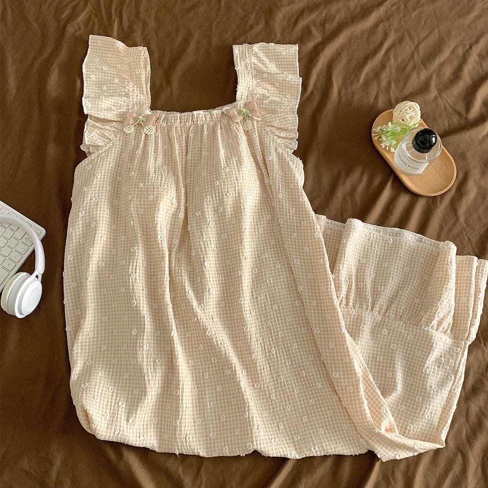 Sleep Dress with Built-in Bra, Butterfly Sleeve Camisole, Floral Grid 3D Jacquard, Handmade Lace Trim Long Nightgown