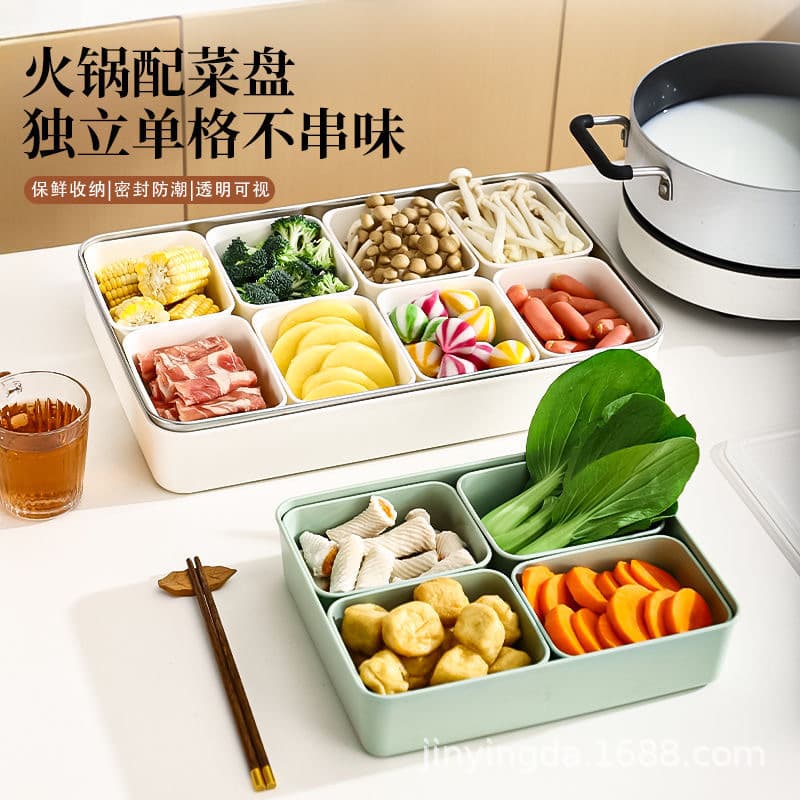 Multi-functional partitioned hot pot side dish tray with lid for kitchen ingredient preparation and storage, multi-compartment fresh-keeping container