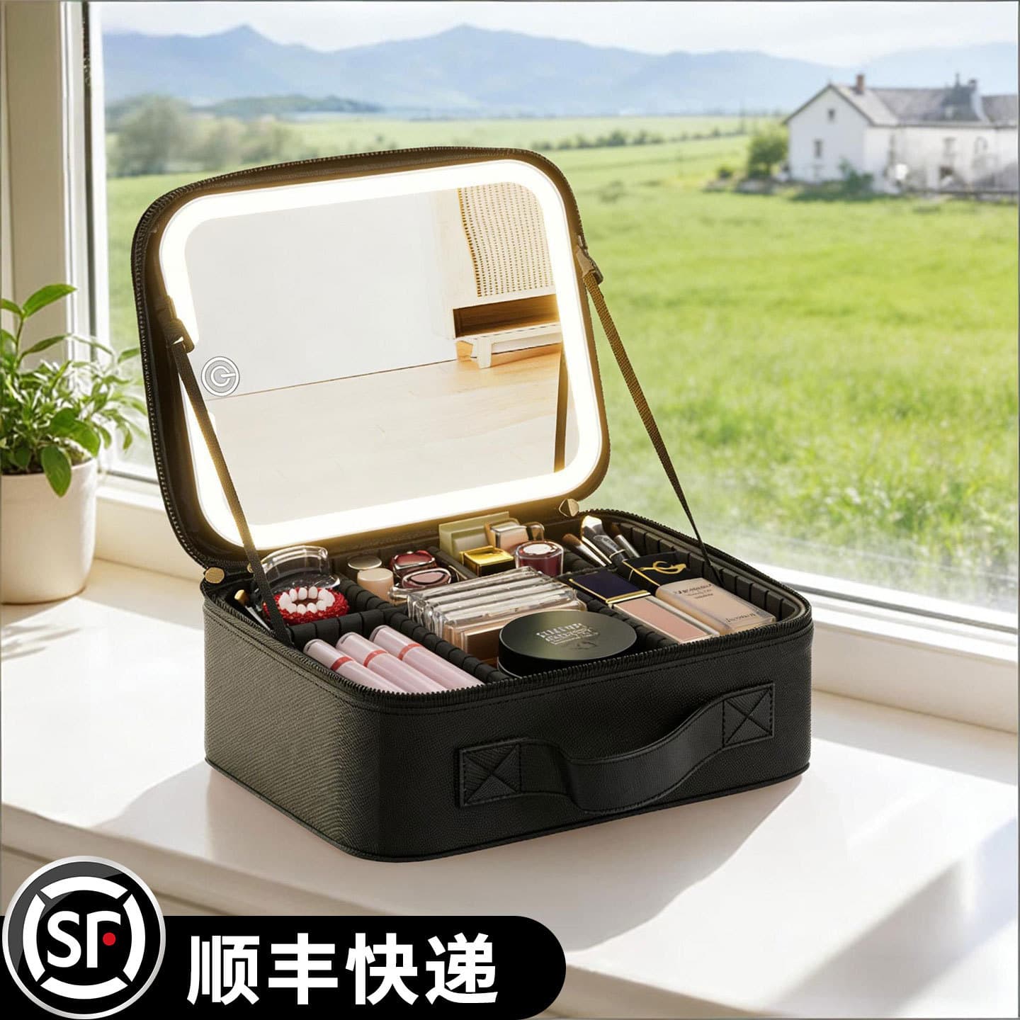 Premium LED Mirror Travel Makeup Bag for Women, Portable Large-Capacity Handbag with Compartments, Cosmetic Case