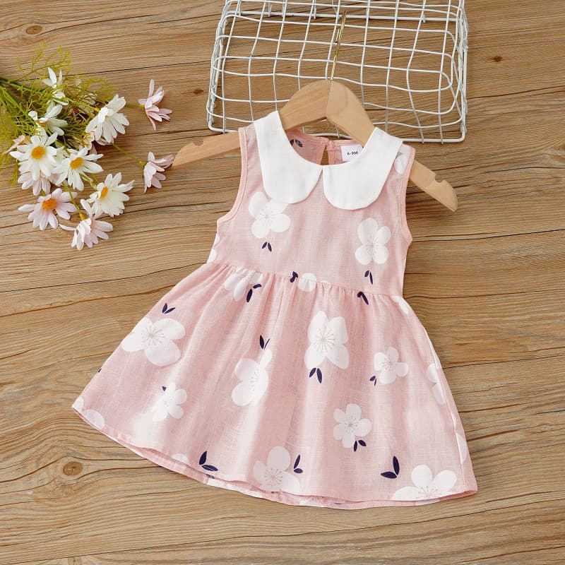 New Style Girls Dress Children Sleeveless Print Peter Pan Collar Princess Dress Baby Cotton Linen Dress