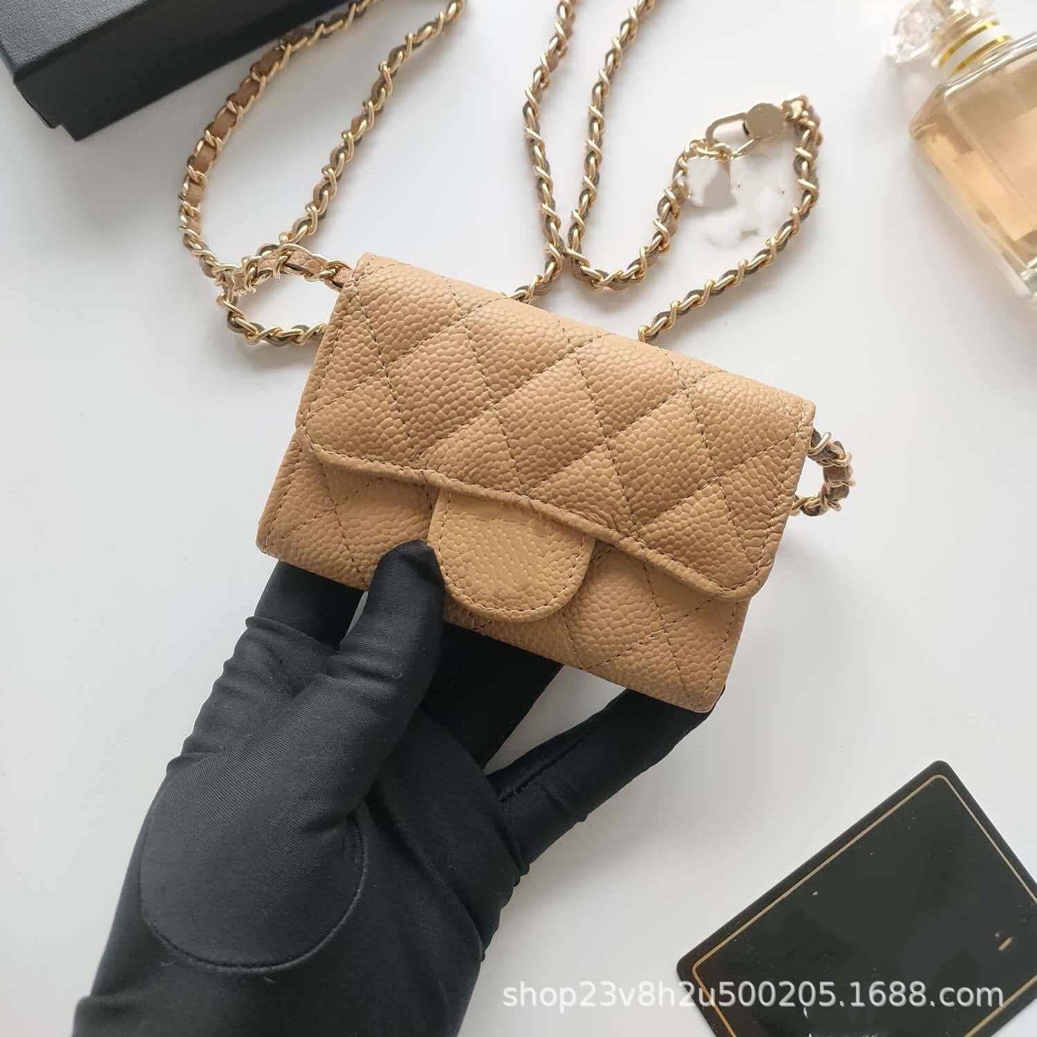 Diamond Quilted CF Mini Flap Card Holder Chain Crossbody Small Square Bag Caviar Leather Card Case Decorative Waist Bag