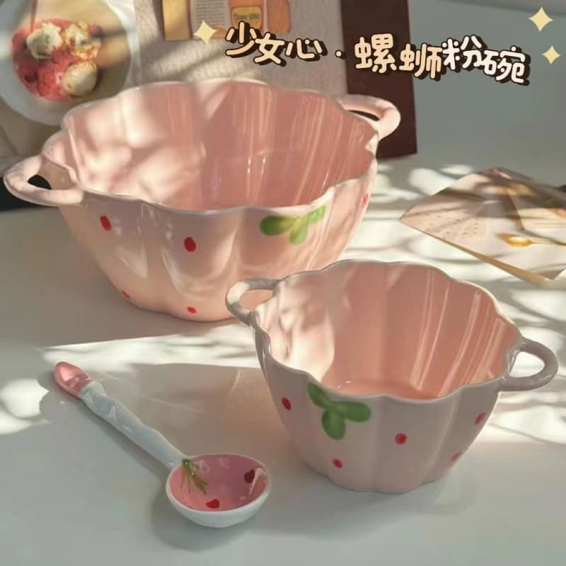 Cute Ceramic Instant Noodle Bowl Double-Handle Bowl Household Personal Dedicated Anti-Scald Berry Petal Bowl Fruit Salad Soup Noodle Bowl