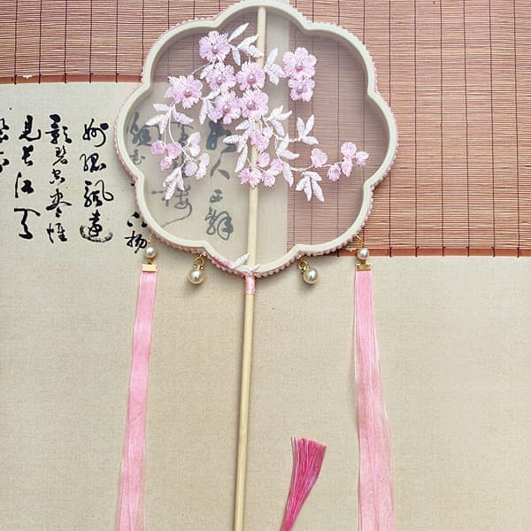 Wholesale Ancient Style Embroidered Long-Handled Round Fan, Children's Embroidery Double Frame with Tassel Ribbon, Hanfu Costume Dance Performance