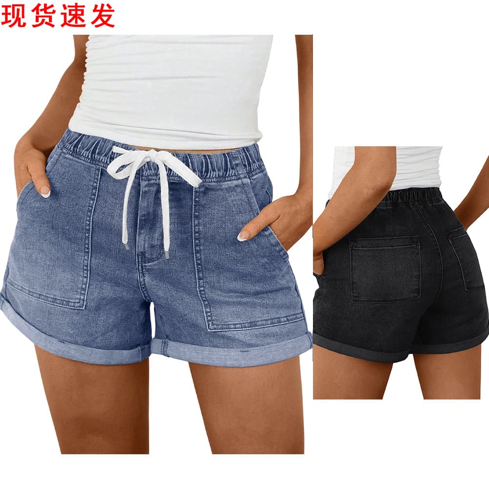 Cross-border 2026 Spring/Summer New Elastic Waist Drawstring Denim Shorts Women's Loose Slimming Rolled Hem Casual Pants