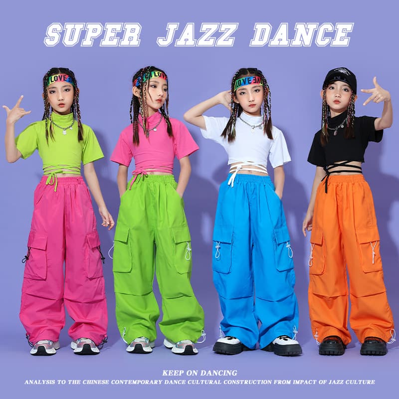 Girls Jazz Dance Costume Dopamine Color Crop Top Dancewear Children Hip Hop Street Dance Performance Outfit Fashion