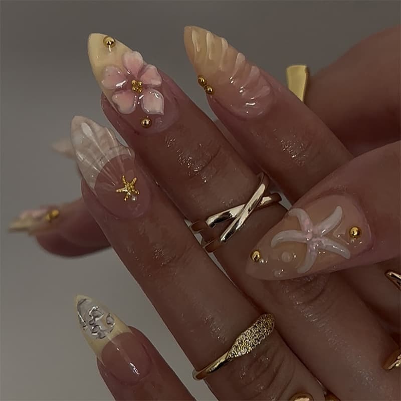 Summer 30-Piece Beach Shell Nail Art Handmade Press-On Nails 3D Floral Butterfly Heart High-Quality False Nails