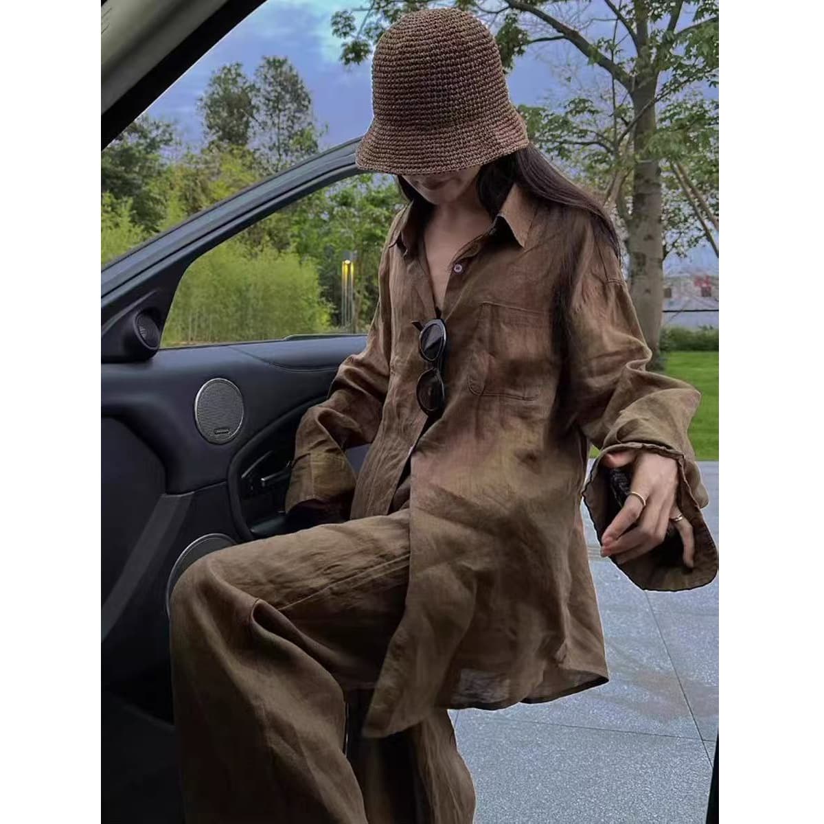 Cotton and linen complex spring fashion shirt lazy brown linen suit women's ancient money style casual pants two-piece set women's fashion