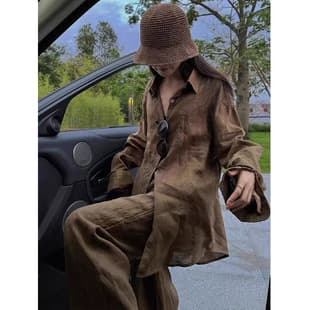Linen Spring Fashion Shirt Lazy Coffee Color Linen Set for Women Old Money Style Casual Pants Two-Piece Set Women Fashion