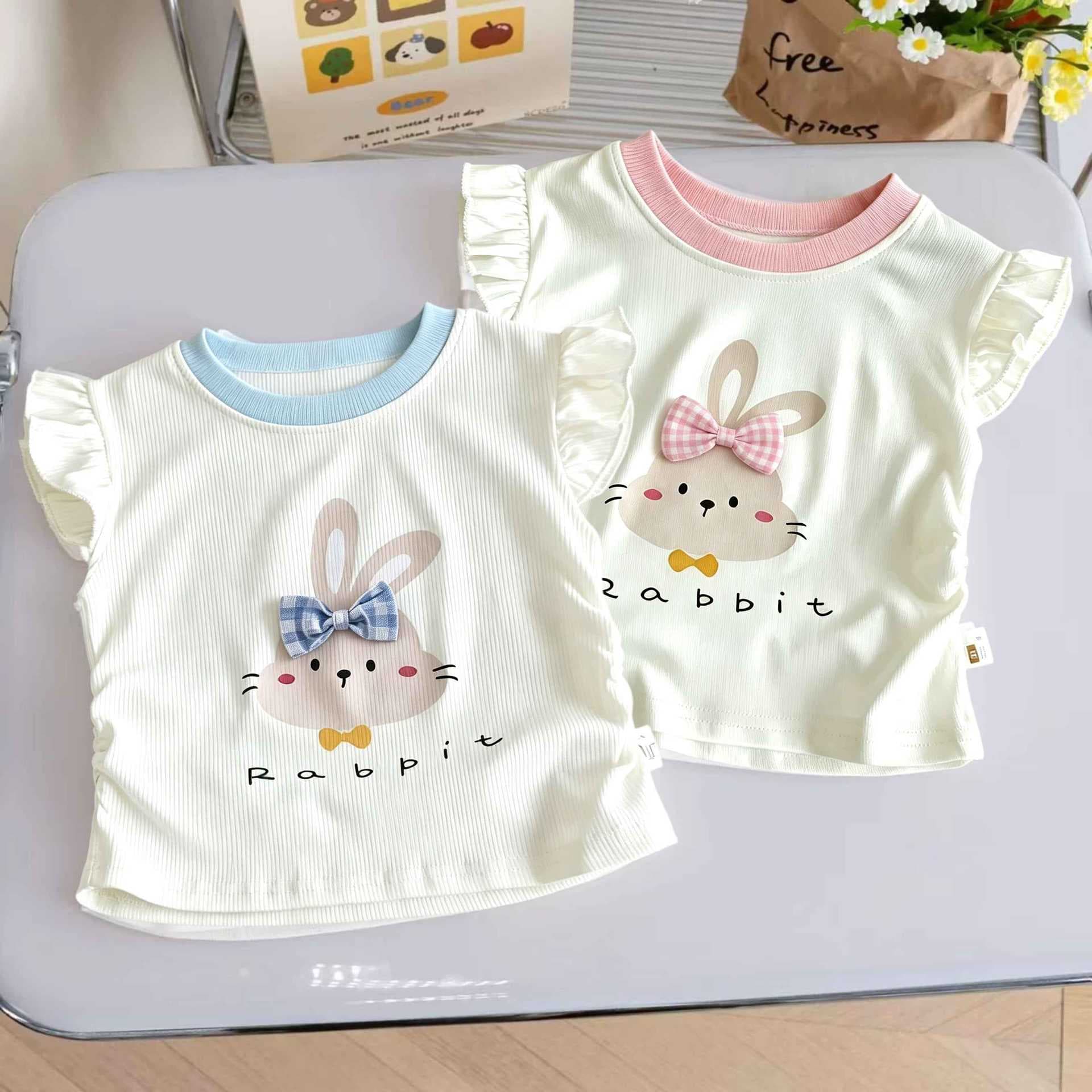 Girls' Summer New Vest, Sweet & Adorable Flutter Sleeve Top, Baby Stylish Cartoon Single Piece Kids Clothing