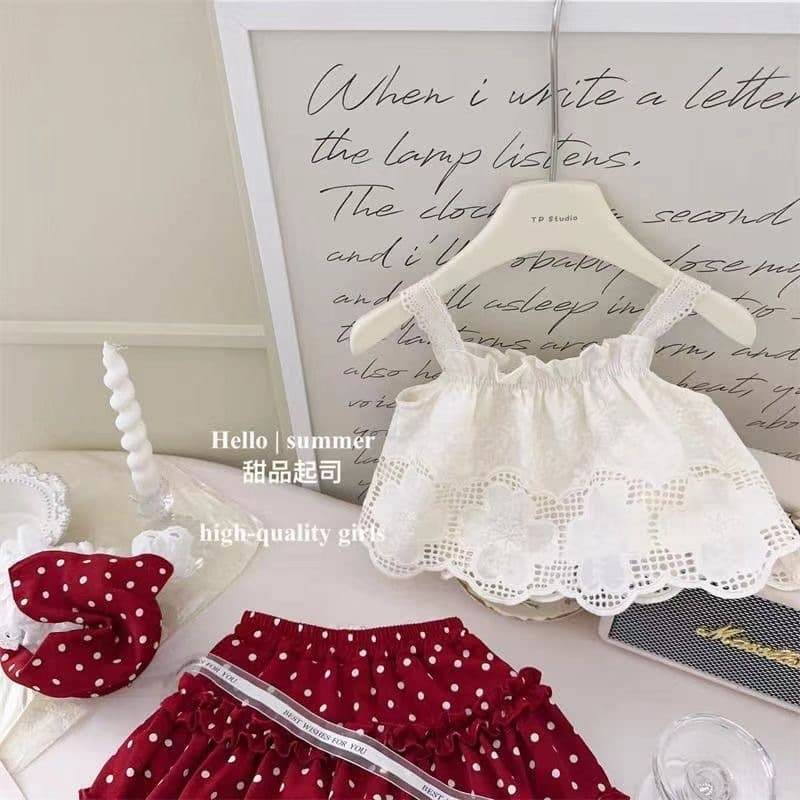 Girls 2025 New Suspender Suit Summer Style Cute Female Treasure Crochet Fashionable Vest Polka Dot Pants and Skirt Three-piece Set