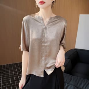 Satin Acetate Pleated Blouse Women Short Sleeve Top 2026 Summer New V-Neck Elegant Chic Top