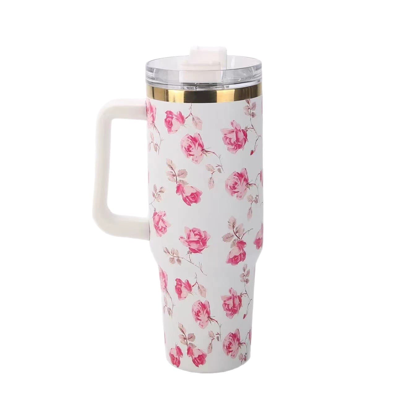 40oz Car Cup Tumbler with Handle and Straw, Large Capacity Customizable 3D Printed Design, Office and Car Insulated Cup