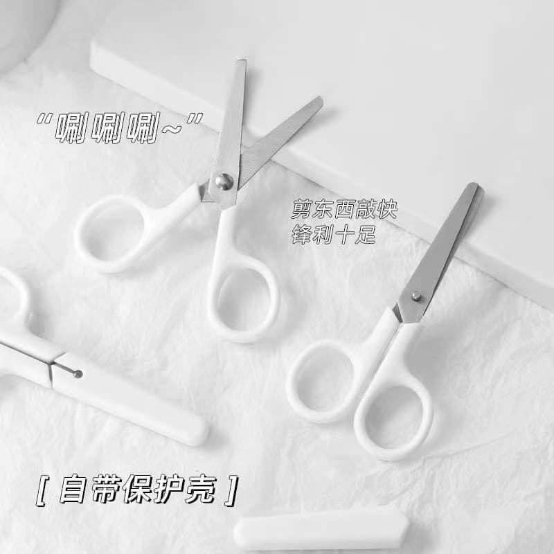 INS-style minimalist white handmade small scissors with protective cover, child-safe stainless steel mini scissors