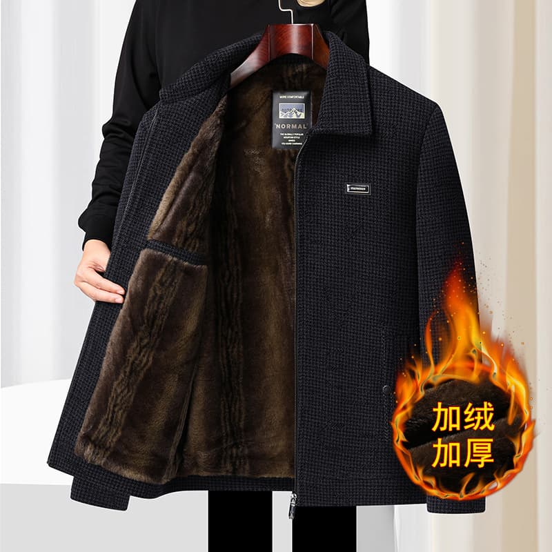 Chenille fleece-lined winter coat, warm woolen overcoat, suitable for middle-aged and elderly men, lapel jacket, cotton-padded coat