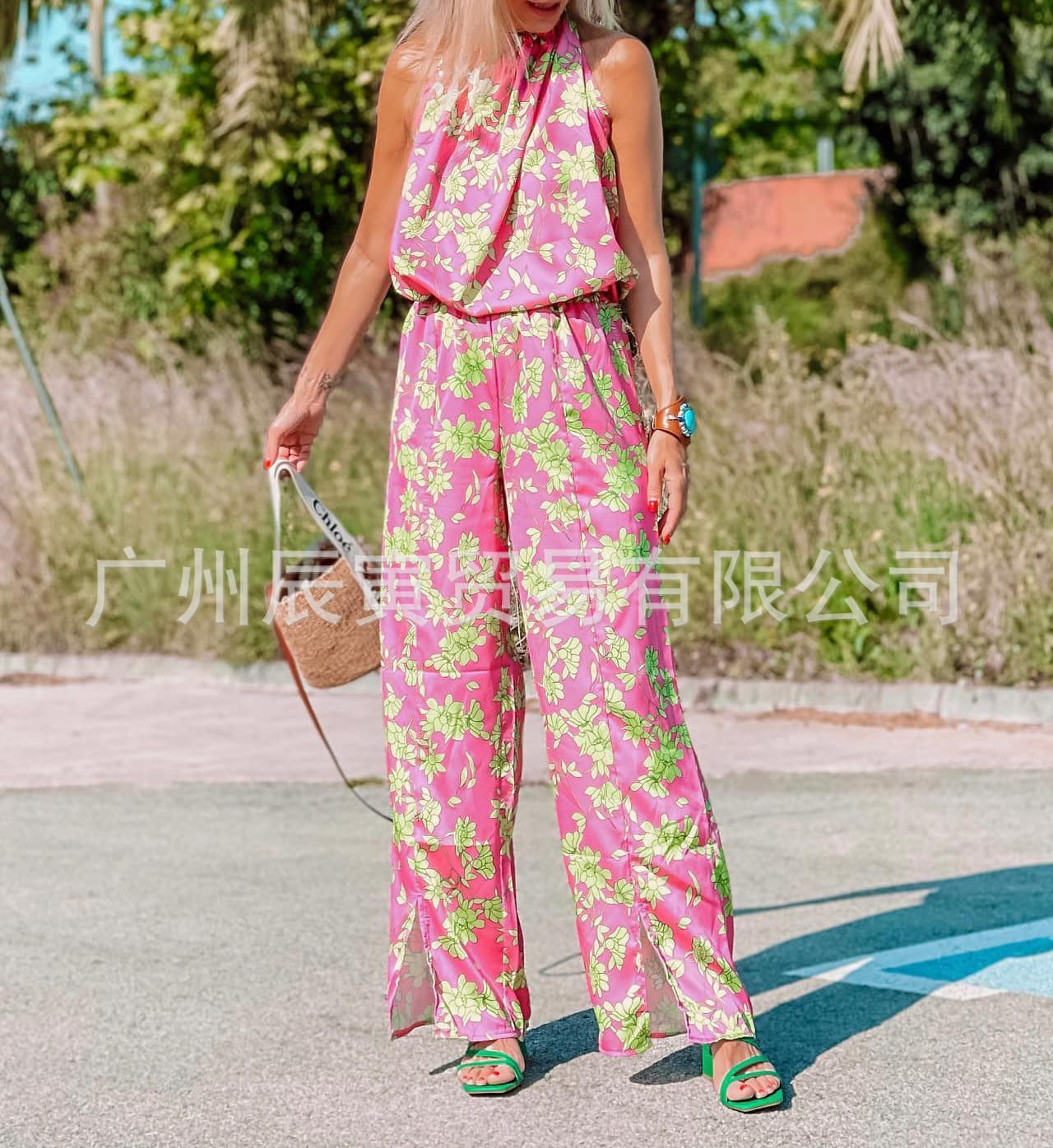 New Women's Summer Boho Style Casual Pink Floral Halterneck Straight Jumpsuit