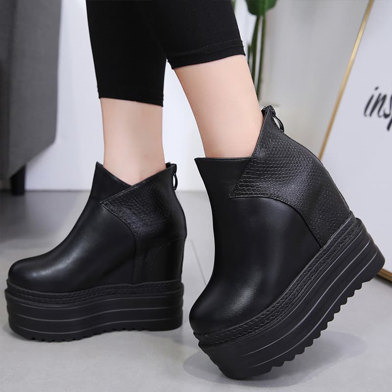 Spring Autumn New Waterproof Platform Short Boots Women European American Fashion Snake Print Color Block High Heel Thick Sole Wedge Nude Boots Zipper