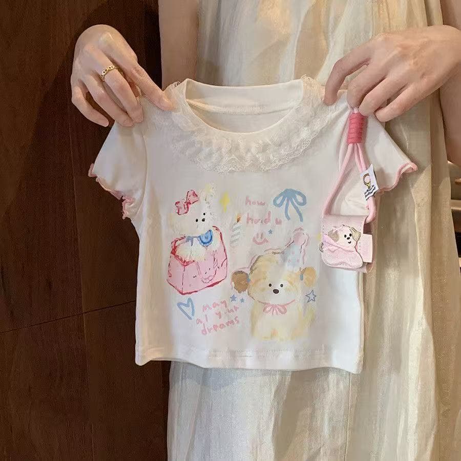 New Girls 2026 Summer Cartoon T-Shirt Korean Style Baby Girl Short Sleeve Printed Clothes Sweet Lace Top