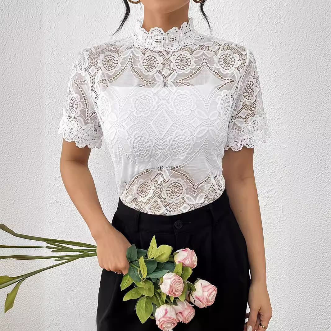 2026 New Elegant Solid Color Short Sleeve T-Shirt for Women with Stand Collar and Lace Trim, Suitable for Cross-Border Sales in Europe and America
