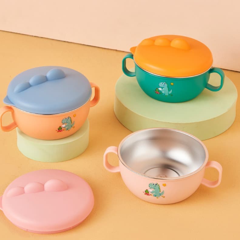 New little dinosaur baby eating food bowl 316 stainless steel children's bowl insulation bowl with spoon cartoon noodle bowl