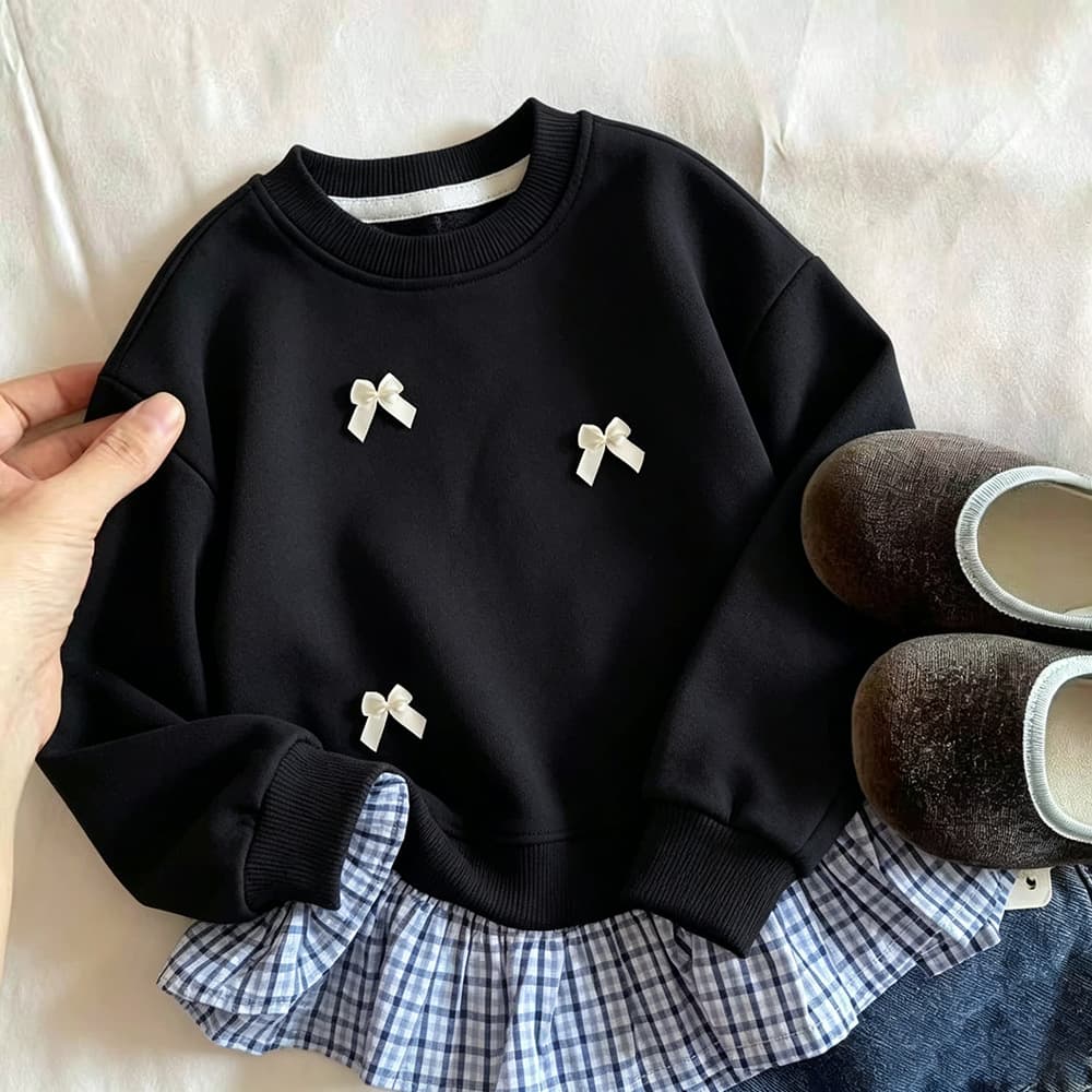 Korean Girl Hidden Blue Plaid Lace Top, Korean Style Spring/Autumn/Winter Children's Outerwear or Inner Layer Long-Sleeve Sweatshirt