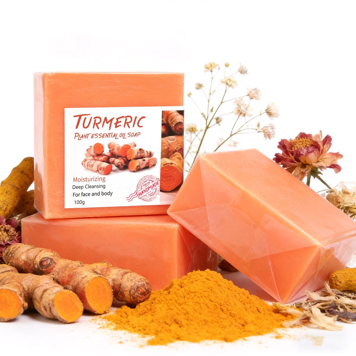Handmade Turmeric Soap with Plant Essential Oil, Facial Wash Soap, Bathing Soap, Old Ginger Soap, Skin Moisturizing and Oil Control