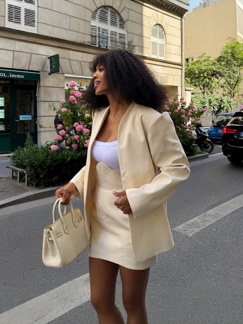 European and American Style Cream Beige Oversized Suit Set for Women, Wave Edge High-Waist Bodycon Short Skirt, Casual Office Two-Piece Set