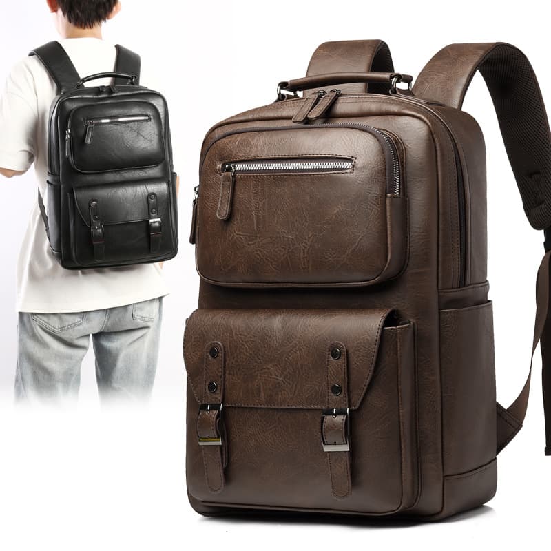 Leather Backpack for Men, College Student School Bag, High School Junior High Travel Bag, 16-Inch Laptop Bag