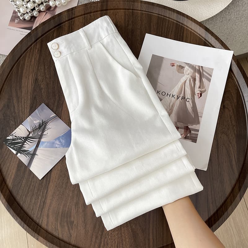 2026 New White Linen Wide Leg Pants for Women Summer Thin Wrinkle-Resistant Cotton Linen Suit Pants Loose Flowy Ice Silk Pants