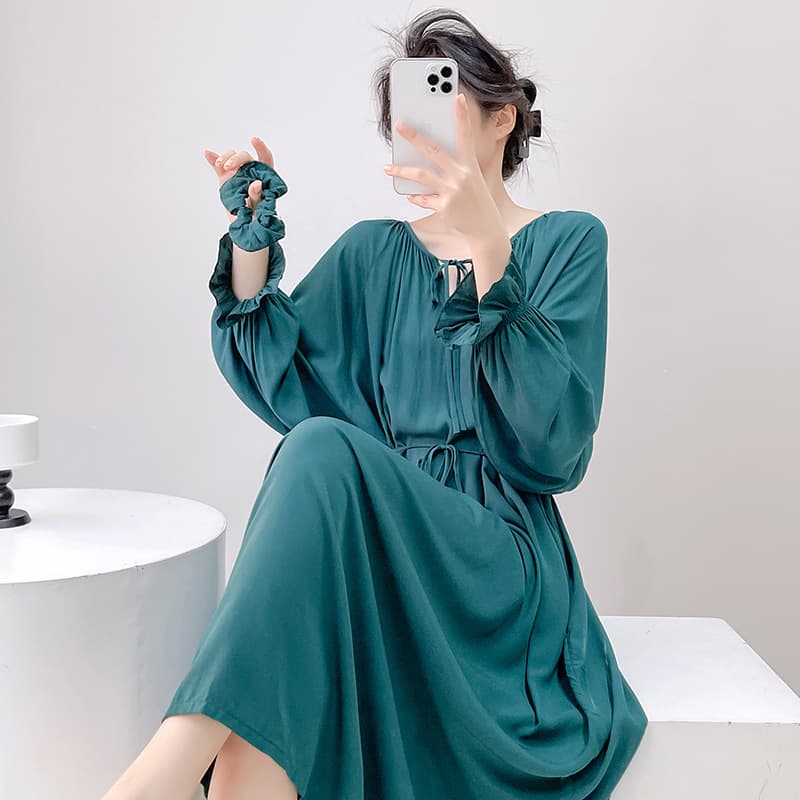 Three-quarter sleeve sleep dress for women, spring/autumn/summer, cotton silk bohemian style pajama, cotton silk beach long dress, thin loungewear