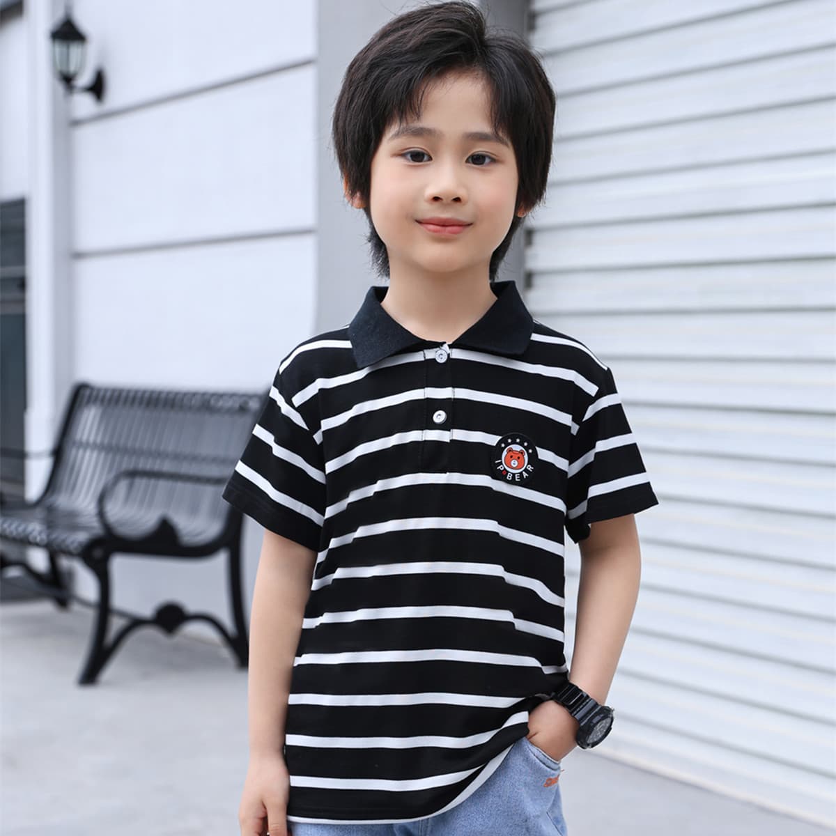 Kids Short Sleeve T-Shirt Modal Crew Neck Top Summer Polo Shirt with Collar Boys Thin Striped Base Layer