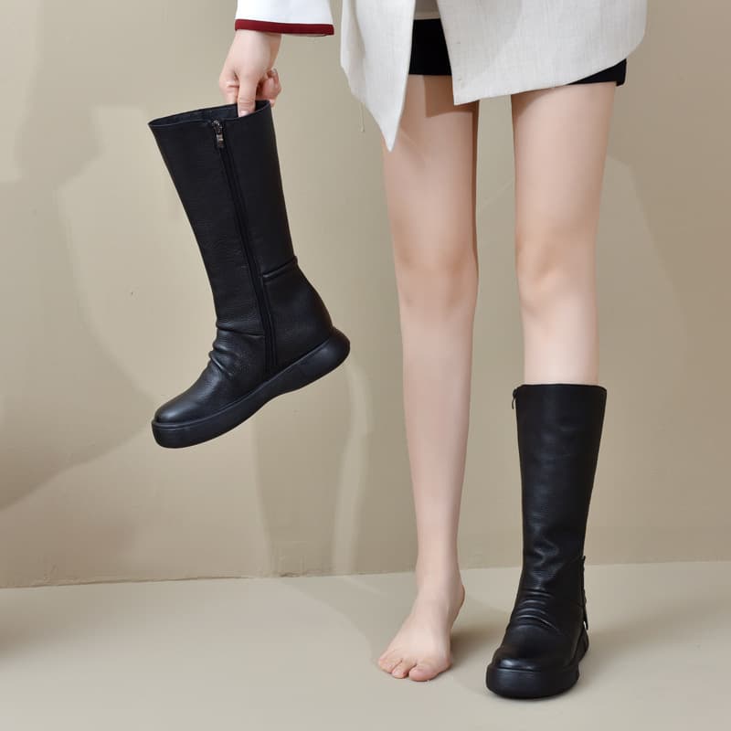 Women's Boots 2023 Autumn Winter First Layer Cowhide Boots Thick Sole Long Boots Casual Lace-Up Leather Handmade Knee-High Women's Boots