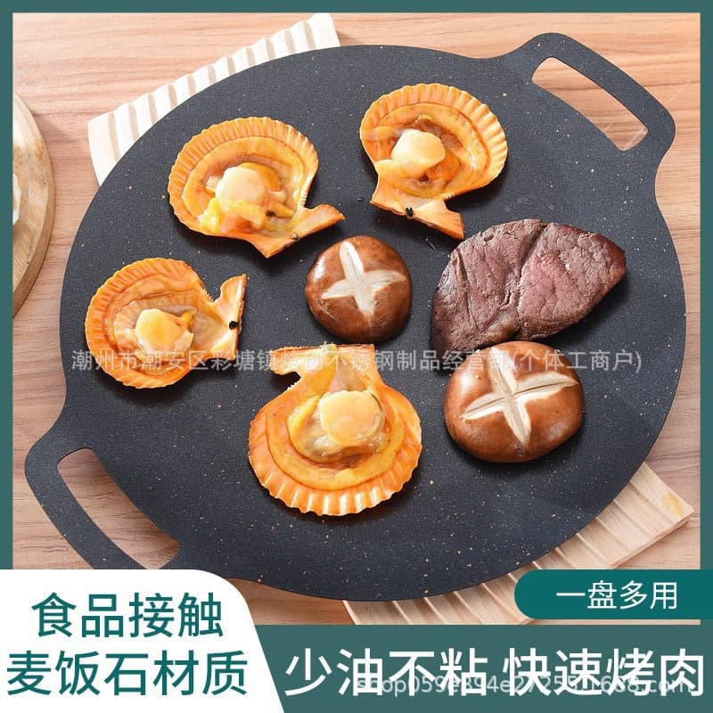 Wholesale round maifan stone BBQ pan, outdoor camping portable grill pan, Korean non-stick steak frying iron pan