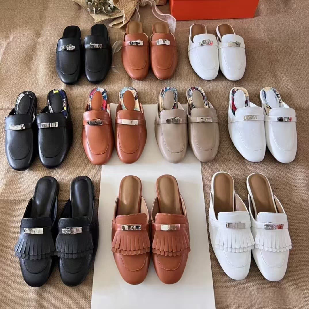 Baotou half slippers women's summer outer wear fashionable and versatile 2024 new lock flats genuine leather internet celebrity lazy sandals