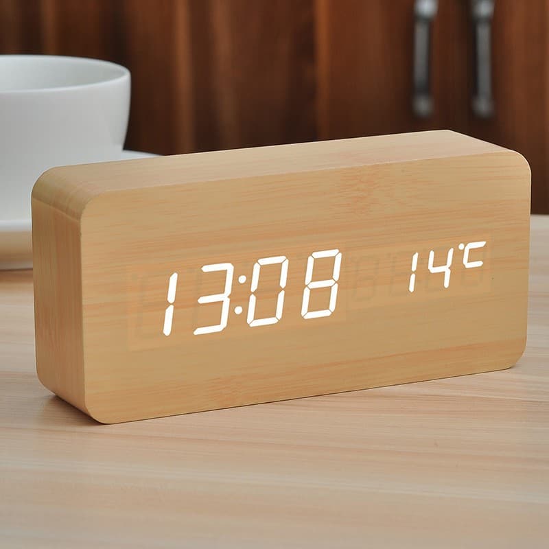 Wooden LED Alarm Clock Digital Clock Multifunctional Desktop Voice-Control Electronic Clock USB Student Dedicated Wooden Clock
