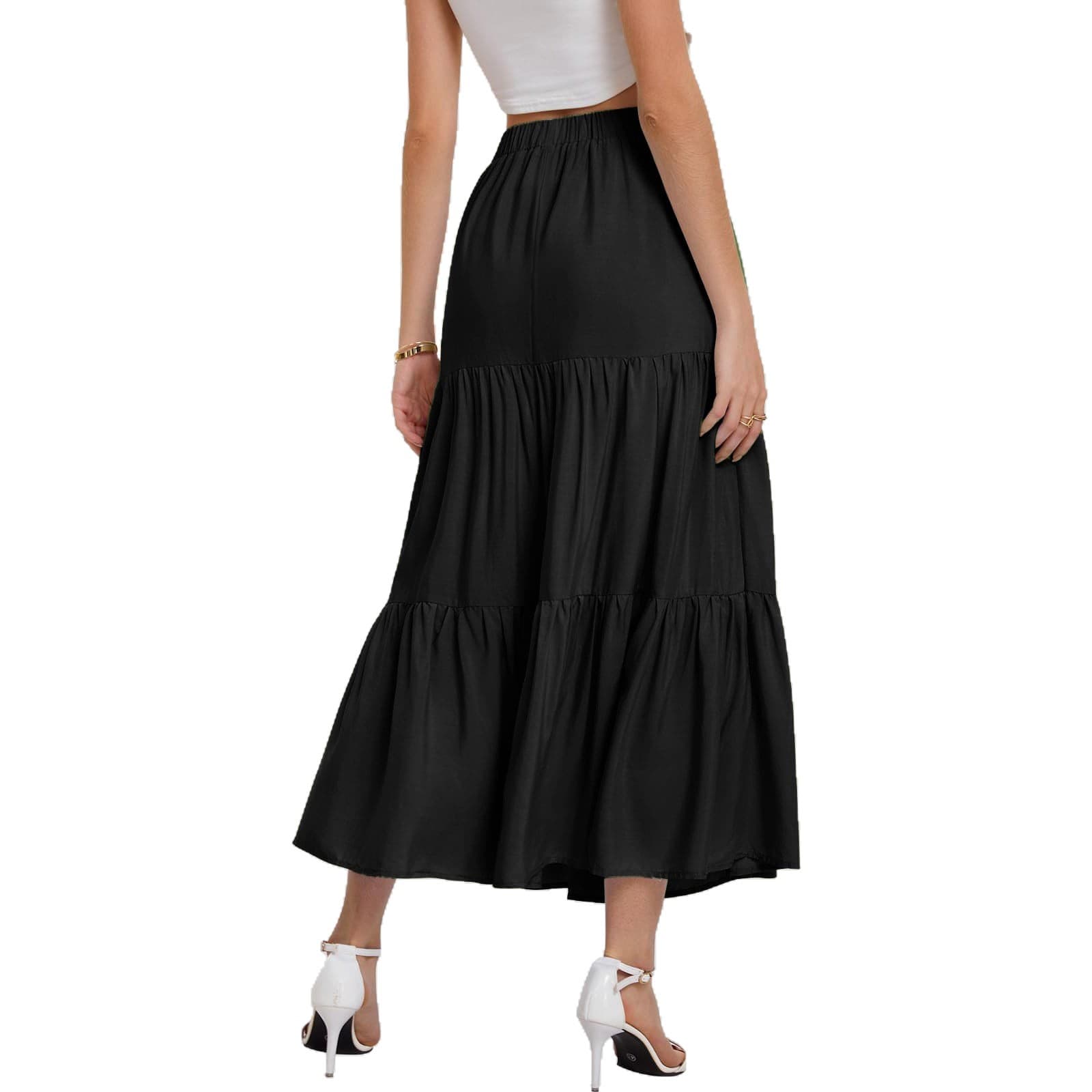 Amazon Women's Summer Bohemian Pleated A-Line Flowy Swing Layered New Midi Skirt with Pockets