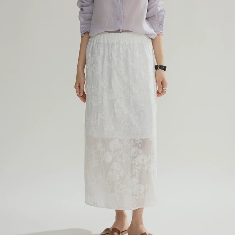 Joli Chose French Lace Embroidery High-Waist Skirt for Women, Loose Fit, Slimming, Casual and Versatile A-Line Midi Skirt