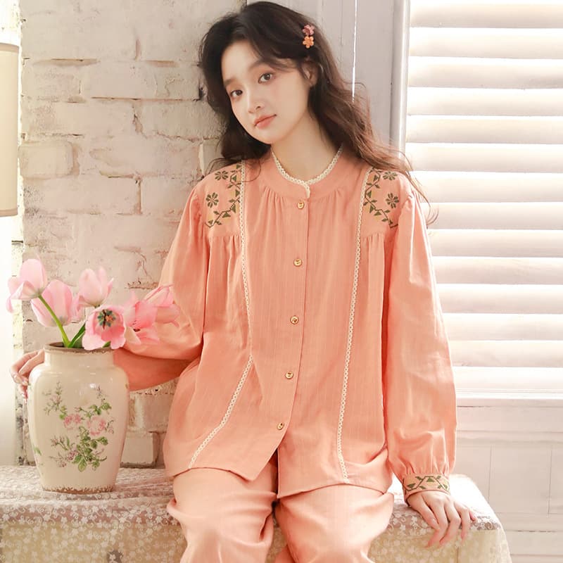 Women's Spring and Autumn Pajamas, Pure Cotton, French Style, Long-Sleeve, Long-Pants, Casual Loose Fit, Embroidered, Retro National Style Home Wear Set 79