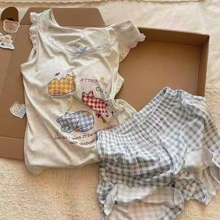 2026 Trendy Plus Size Women's New Summer Sleepwear Thin Cute Cat Print Vest Homewear Two-Piece Set