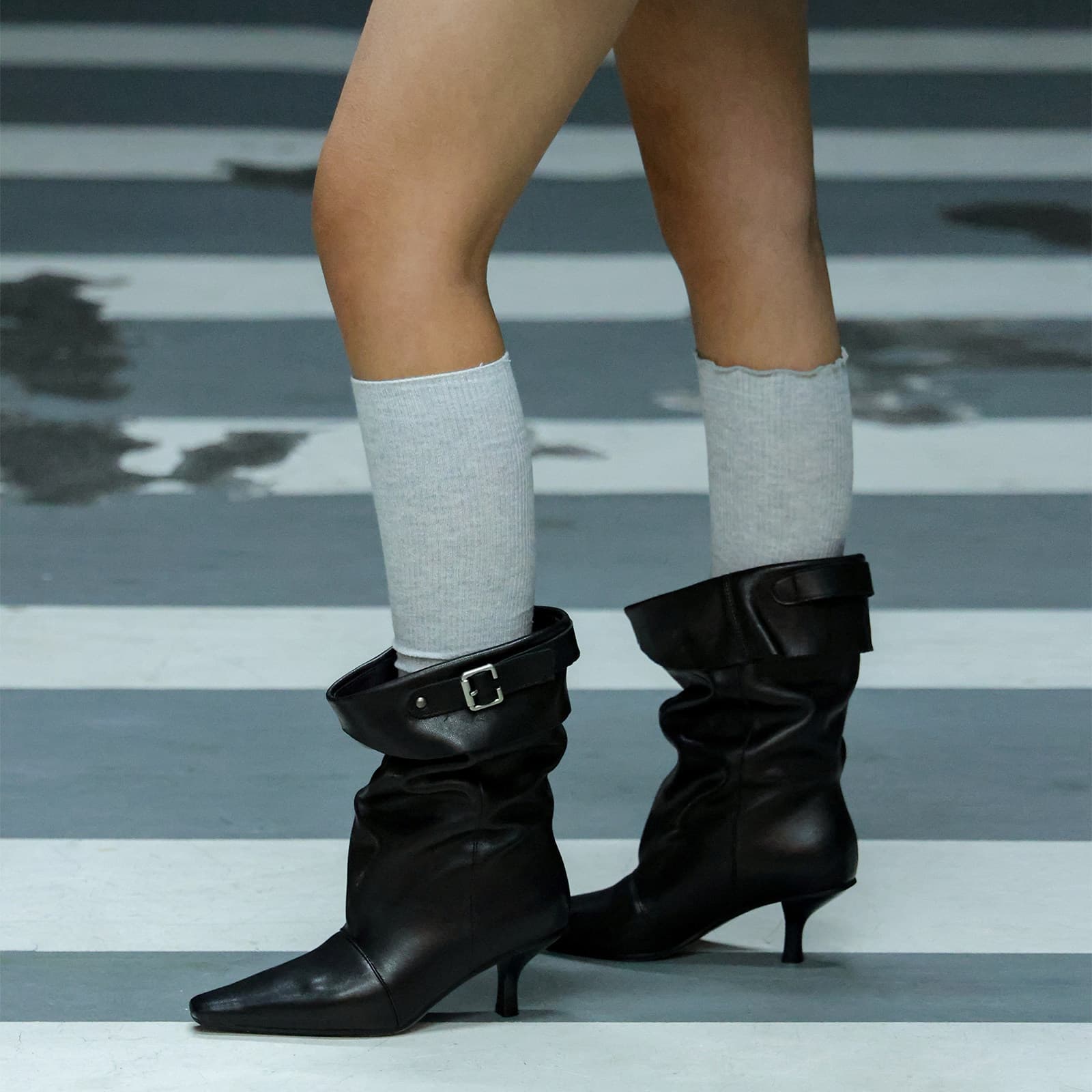2026 New Black Boots Mid-Calf Boots Women's Cool and Chic High Heel Pointed Toe Stacked Boots Short Boots for Dresses