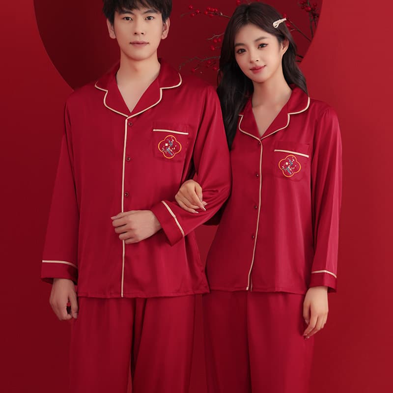Wedding Couple Pajamas Ice Silk Long Sleeve Bride and Groom Set High-End Festive Red New Year Homewear